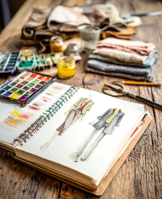 freelance mode - un carnet de styliste : croquis de mode, aquarelle et échantillons de tissus posés sur une table en bois