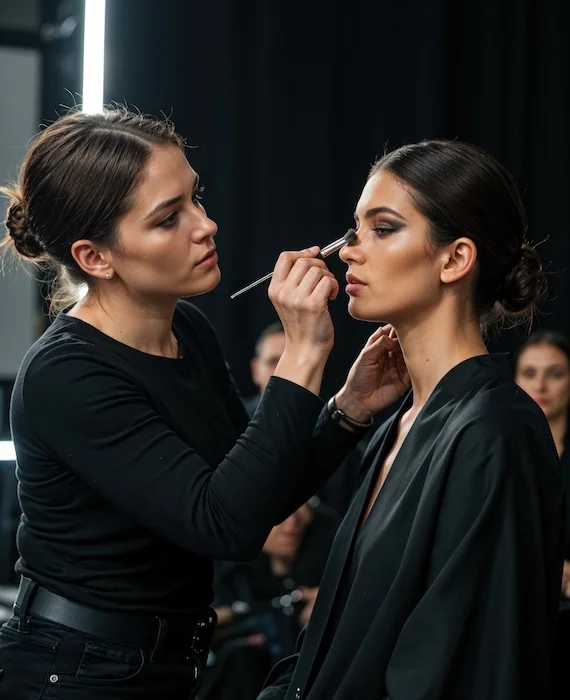 freelance mode - une équipe de maquilleuses et des modèles féminins sur un défilé de mode