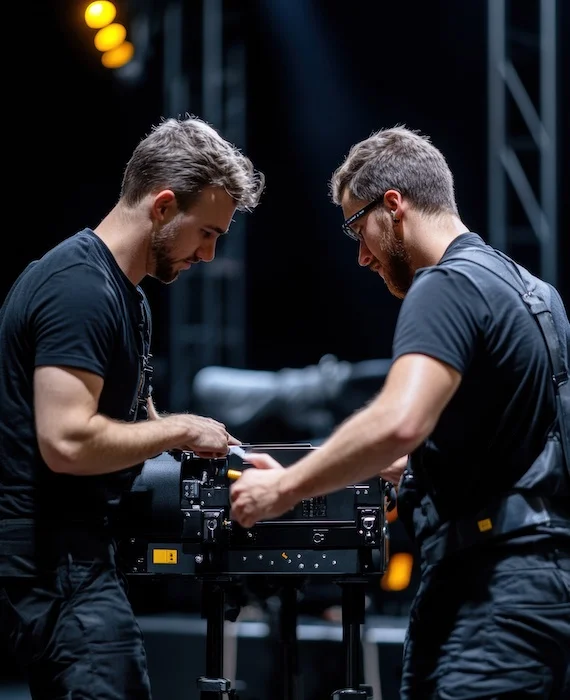 métiers audiovisuel - deux techniciens installant une caméra sur un plateau de tournage