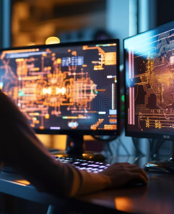 freelance ia - un homme devant de grands écrans d'ordinateur affichant des données